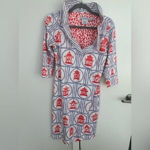 Gretchen Scott Jersey Ruffneck Dress - birdhouse pattern
Blue/white/orange